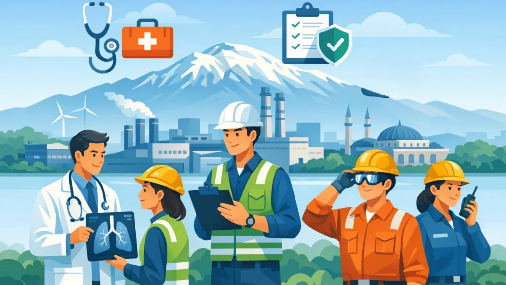 Bursa İşe Giriş Sağlık Raporu Nereden Alınır? 1 Bursa sanayi bölgelerinde işe giriş sağlık raporu süreçlerini ve iş sağlığı güvenliği ekipmanlarını temsil eden kurumsal illüstrasyon.
